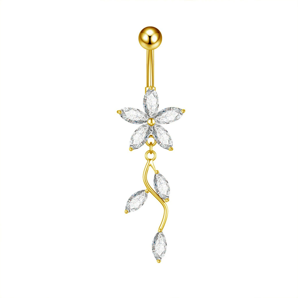 Marquise CZ Flower & Leaf Dangle Belly Button Navel Ring-Belly Rings-2-Glitters