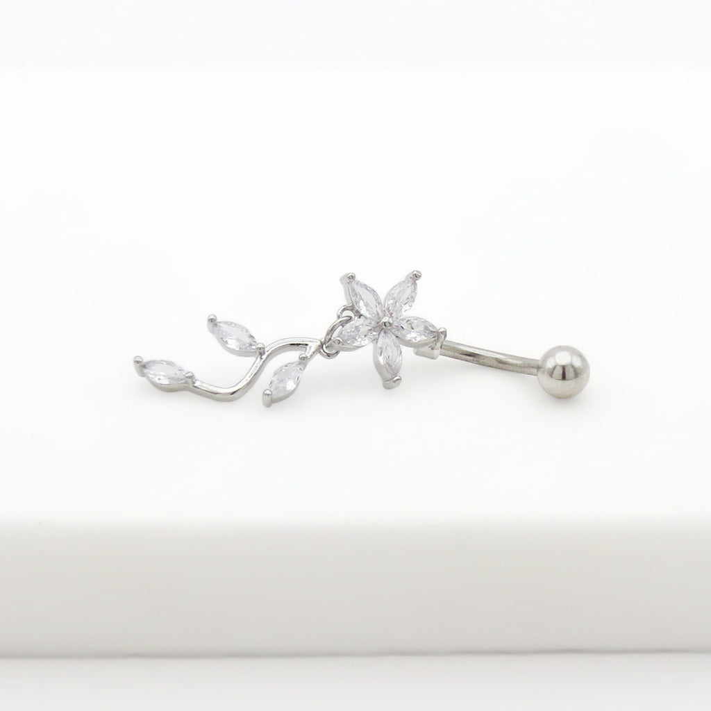 Marquise CZ Flower & Leaf Dangle Belly Button Navel Ring-Belly Rings-3-Glitters