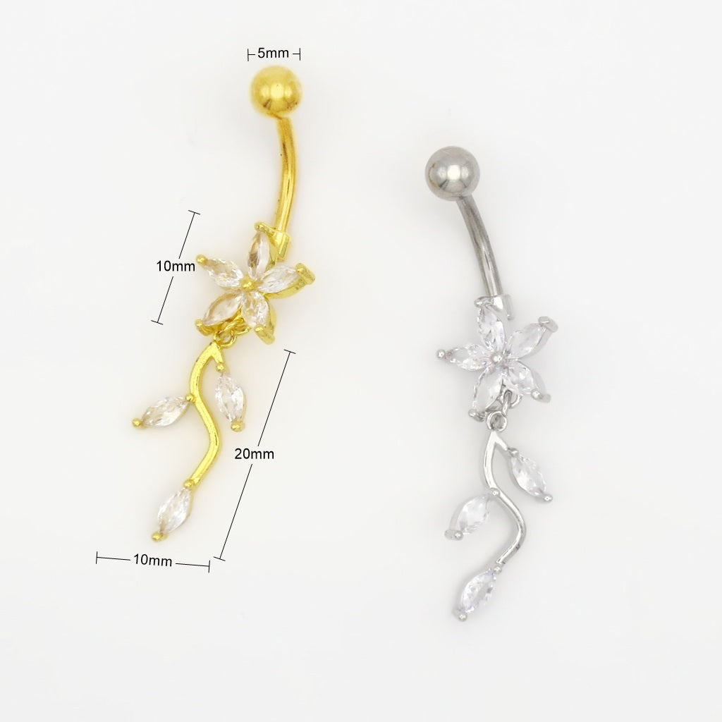 Marquise CZ Flower & Leaf Dangle Belly Button Navel Ring-Belly Rings-5-Glitters