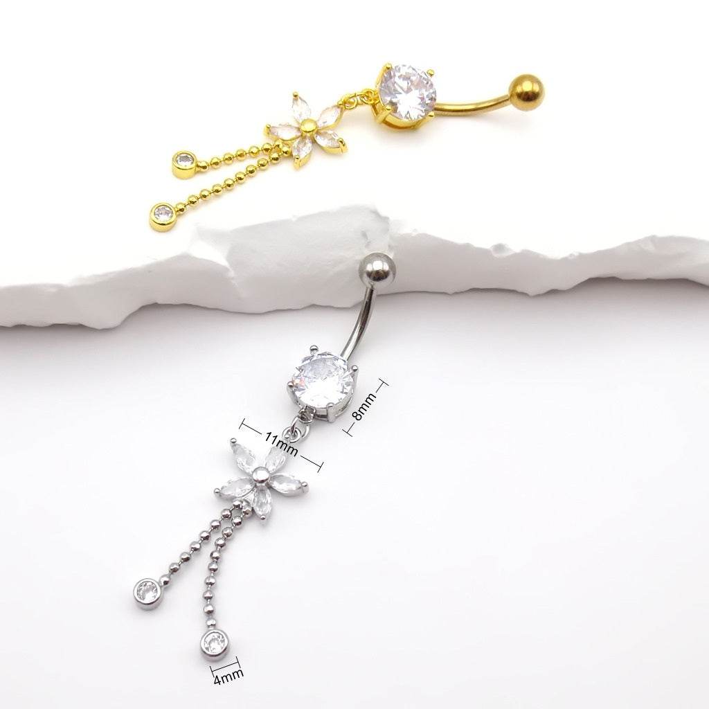 CZ Flower Dangling Fringe Belly Button Ring-Belly Rings-3-Glitters