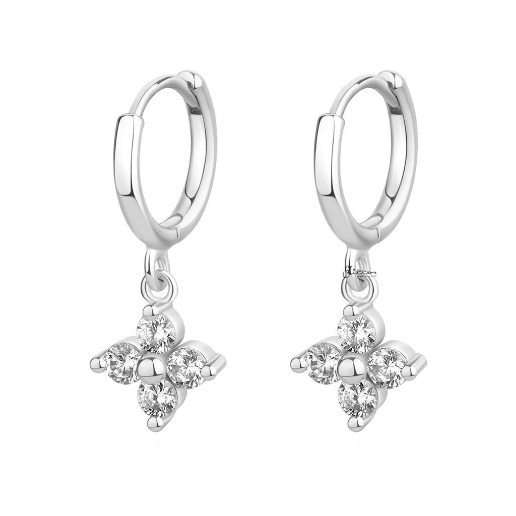 Stainless Steel CZ Clover Flower Dangle Hoop Earrings