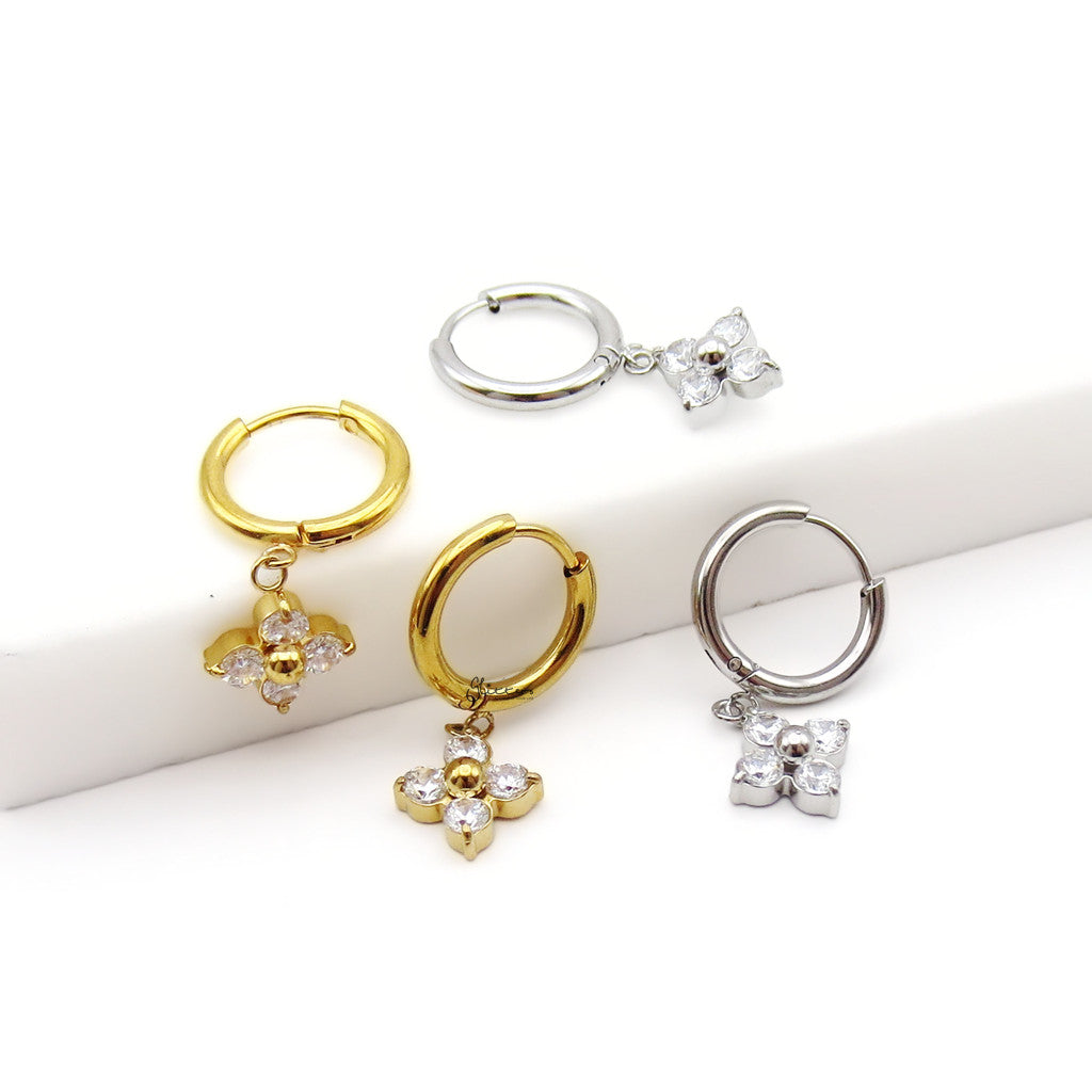 Stainless Steel CZ Clover Flower Dangle Hoop Earrings