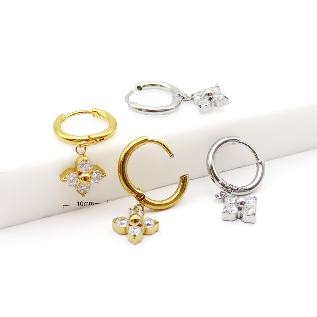 Stainless Steel CZ Clover Flower Dangle Hoop Earrings