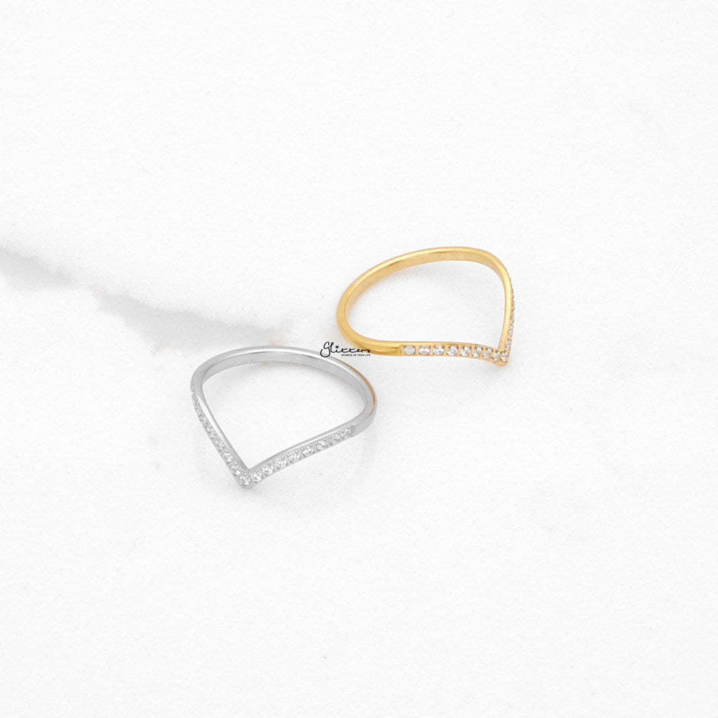 Stainless Steel V Shape CZ Paved Ring - Gold-Stainless Steel Rings-3-Glitters