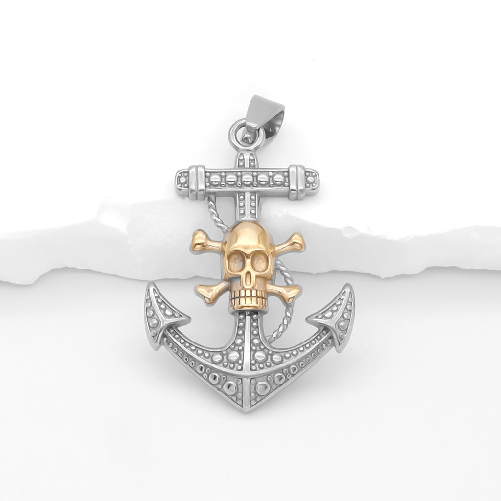 Gold Tone Crossbone Skull with Anchor Pendant-Pendants-1-Glitters