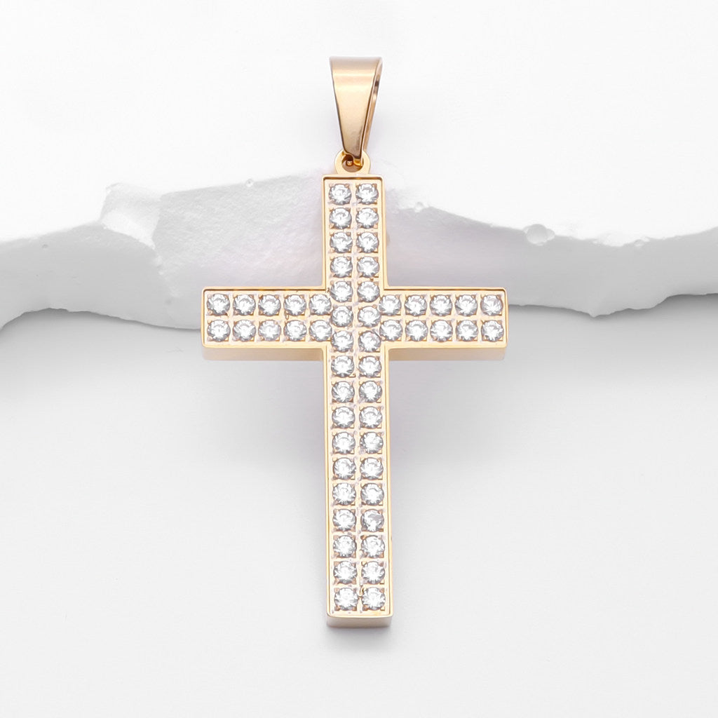 CZ Paved Stainless Steel Cross Pendant - Gold-Pendants-1-Glitters