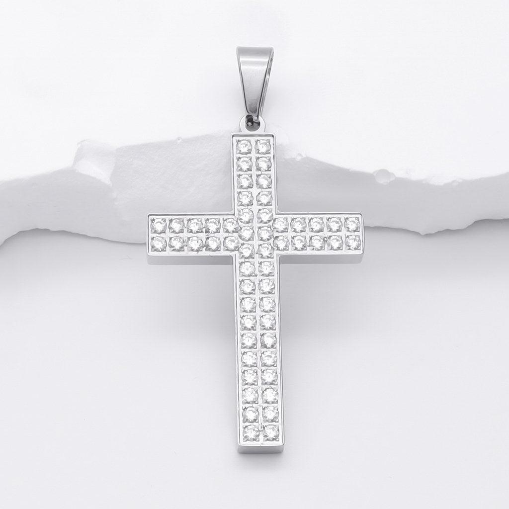 CZ Paved Stainless Steel Cross Pendant - Silver-Pendants-1-Glitters