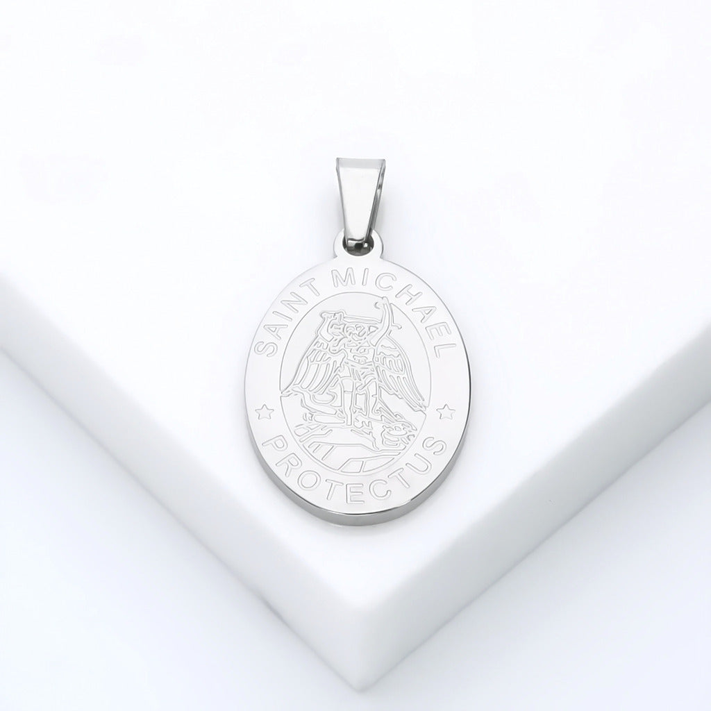 Stainless Steel St. Michael Oval Shape Pendant - Silver-Pendants-1-Glitters