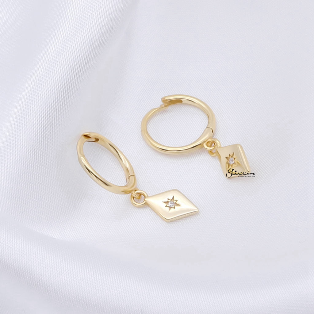 Sterling Silver Rhombus Charm Huggie Hoop Earrings - Gold-Hoop Earrings-4-Glitters