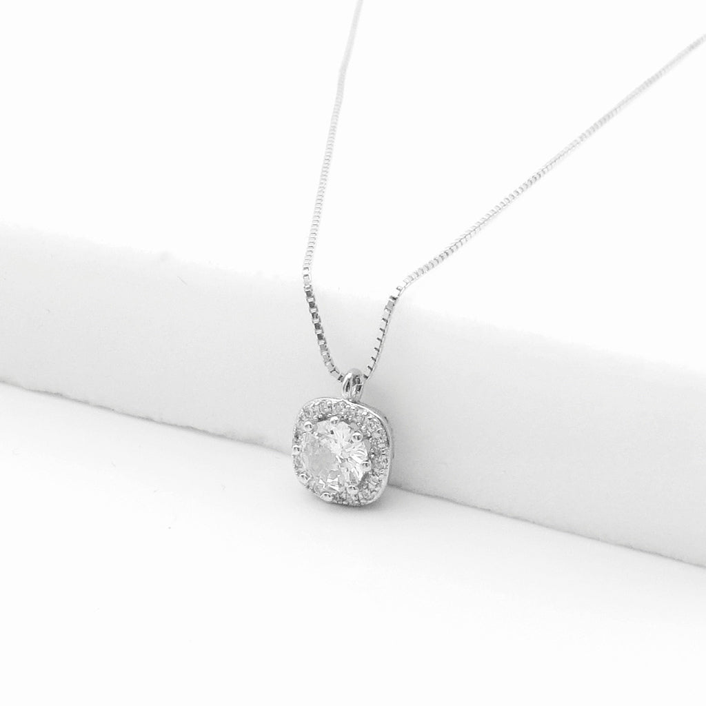 Sterling Silver Cushion Halo CZ Pendant Necklace - Silver-Sterling Silver Necklaces-2-Glitters