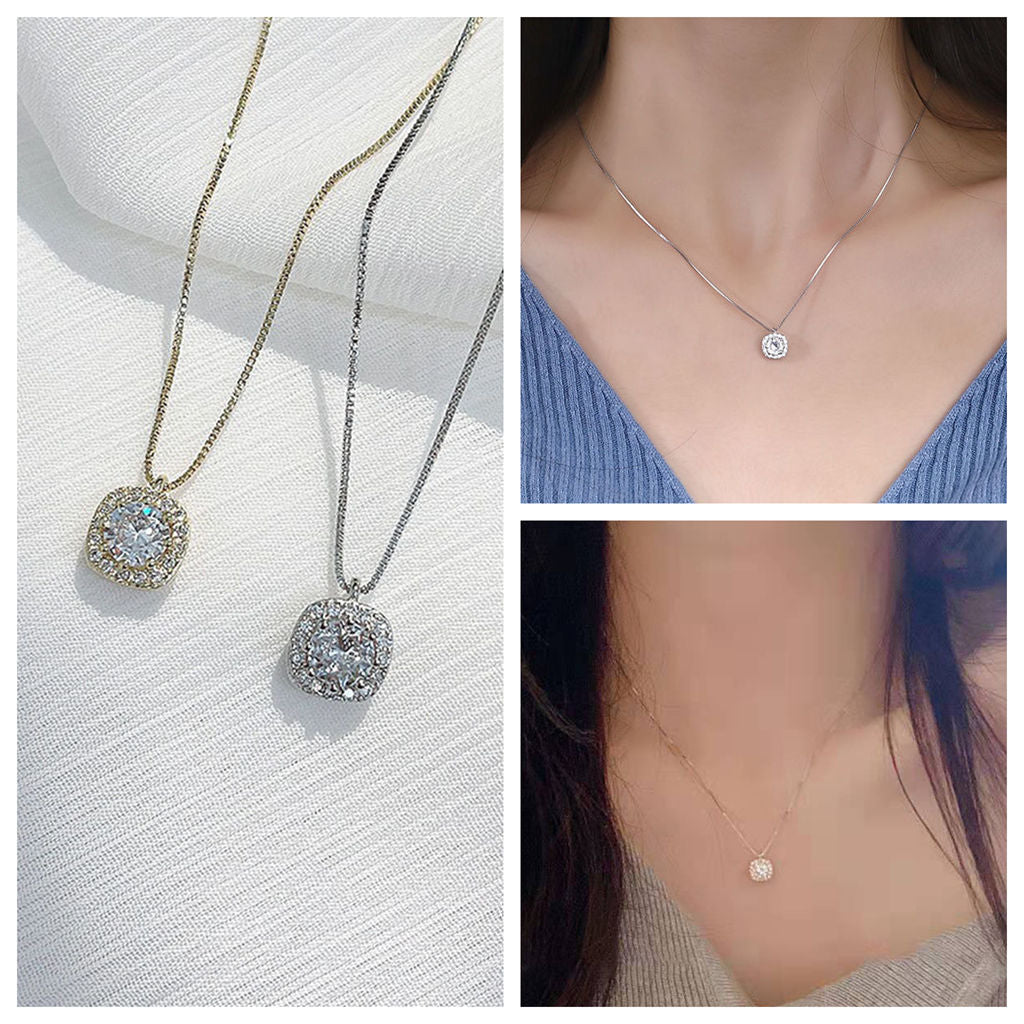 Sterling Silver Cushion Halo CZ Pendant Necklace - Gold-Sterling Silver Necklaces-3-Glitters