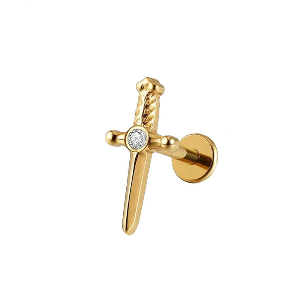 Sword with CZ Titanium Flat Back Stud Earrings-Tragus | Cartilage | Daith | Conch-2-Glitters