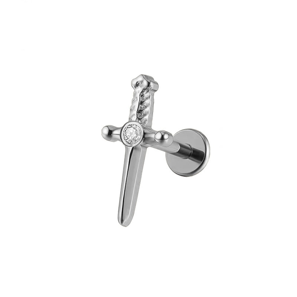 Sword with CZ Titanium Flat Back Stud Earrings-Tragus | Cartilage | Daith | Conch-1-Glitters