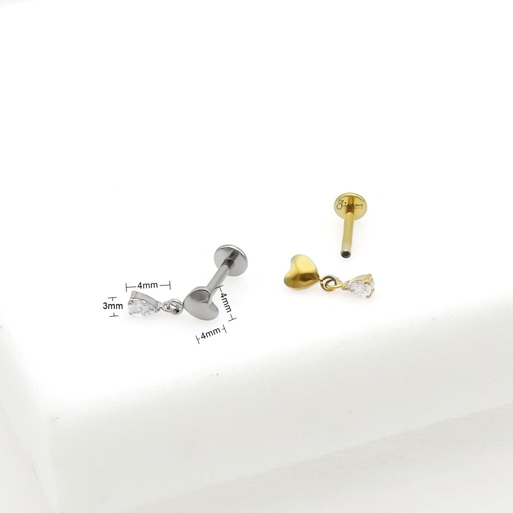 Titanium Heart with Dangle Teardrop CZ Flat Back Stud Earring