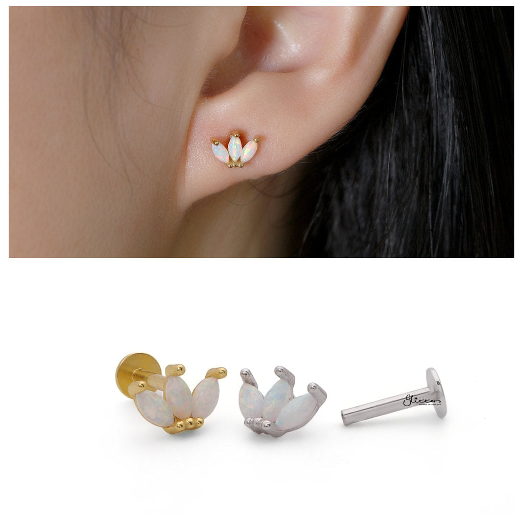 Sterling Silver 3 Marquise Opal Flat Back Stud Earrings-Tragus | Cartilage | Daith | Conch-4-Glitters