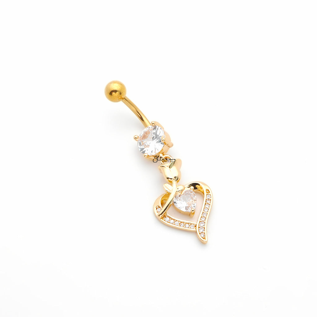 Rose and Heart CZ Dangle Belly Button Navel Ring - Gold-Belly Rings-3-Glitters