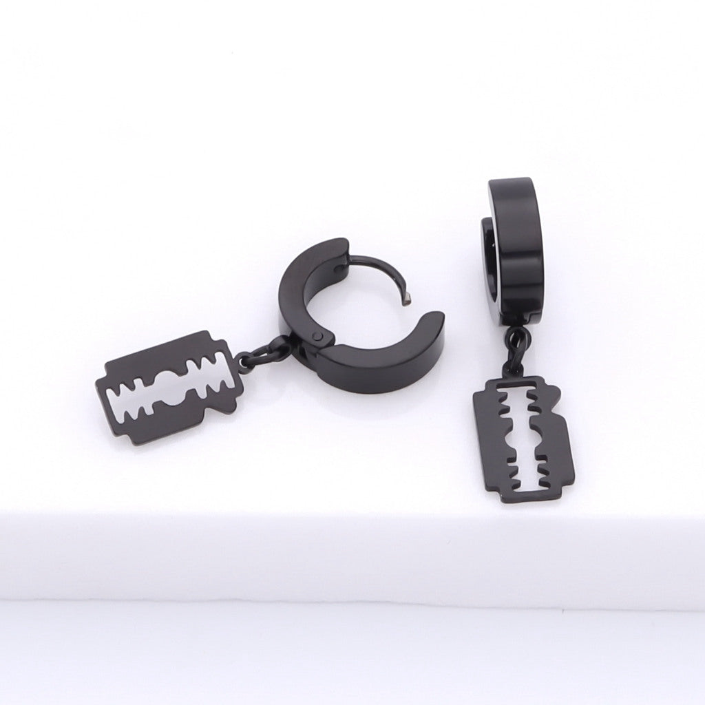 Stainless Steel Huggie Hoop Earrings with Razor Blade Charm - Black-Hoop Earrings-2-Glitters