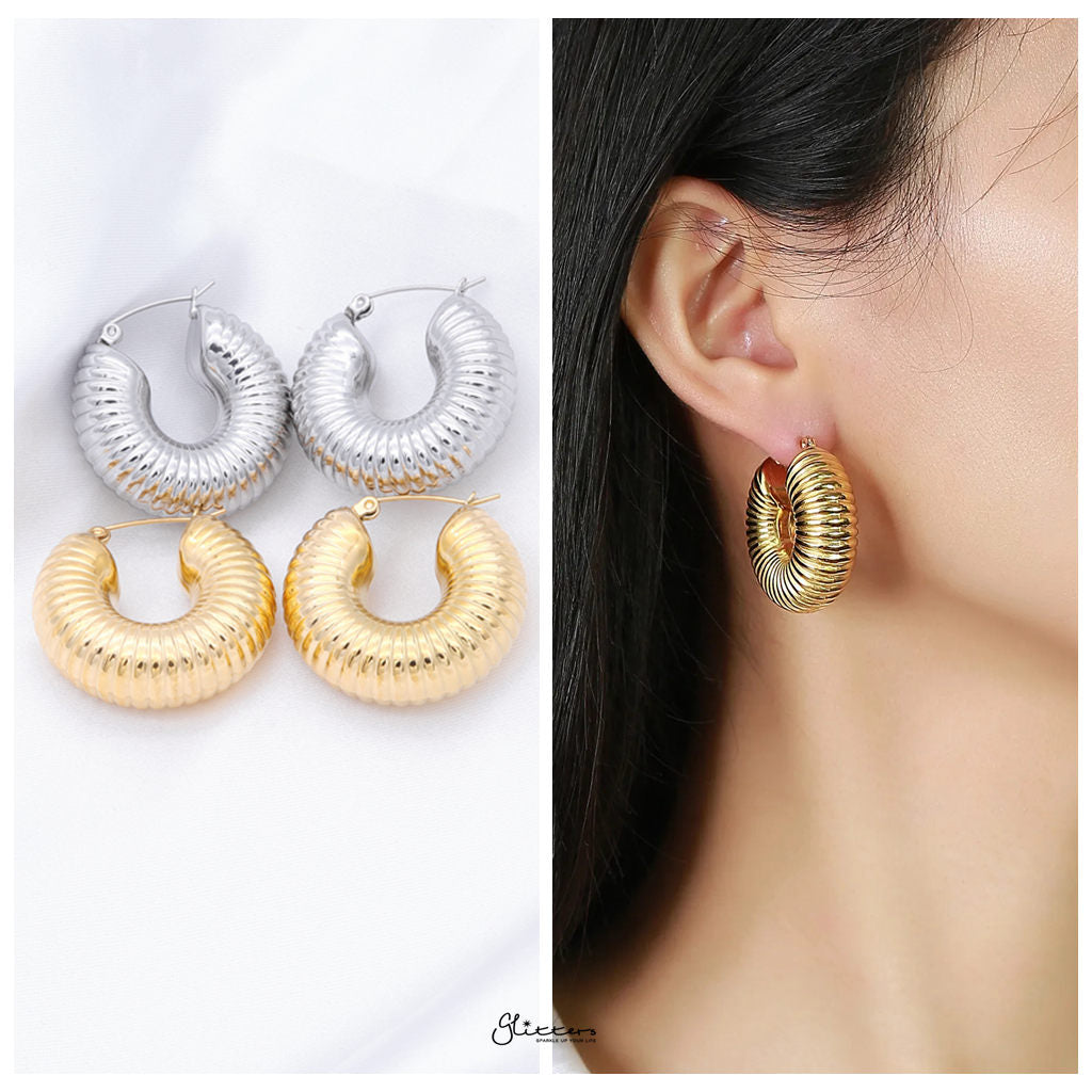 Stainless Steel Chunky Textured Hoop Earrings - Silver-Earrings-2-Glitters