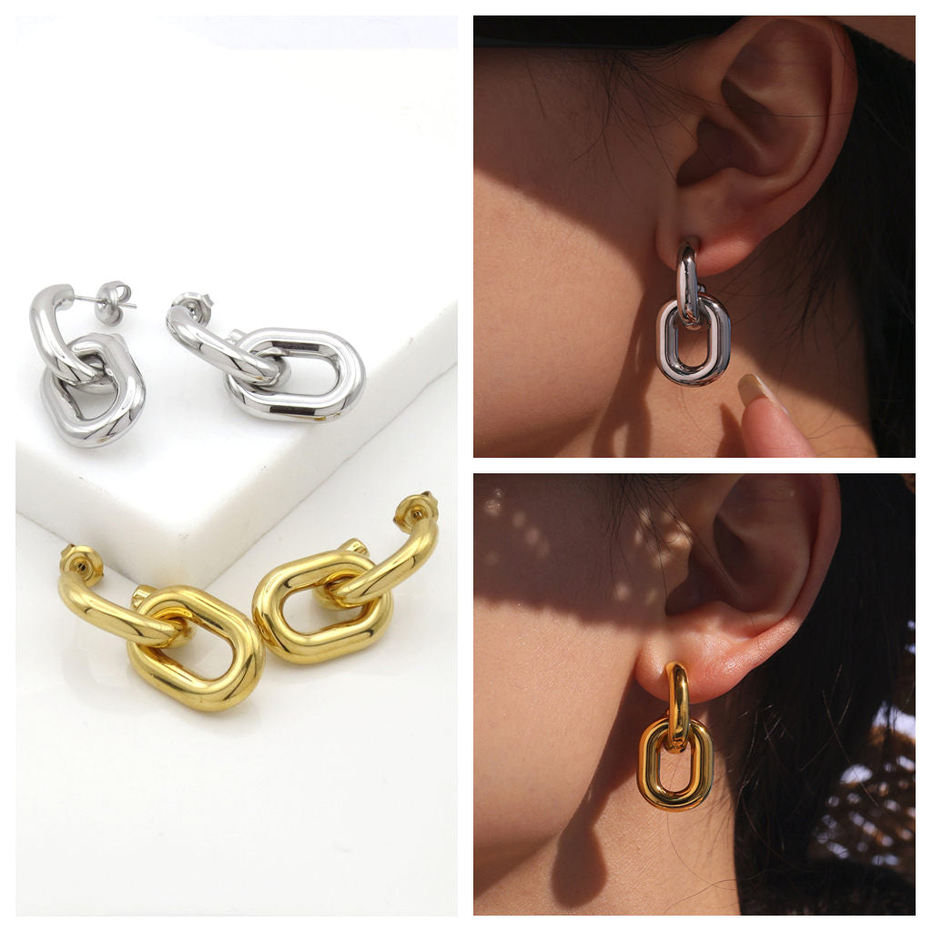 Stainless Steel Interlocking Chain Hoop Earrings - Gold-Earrings-2-Glitters