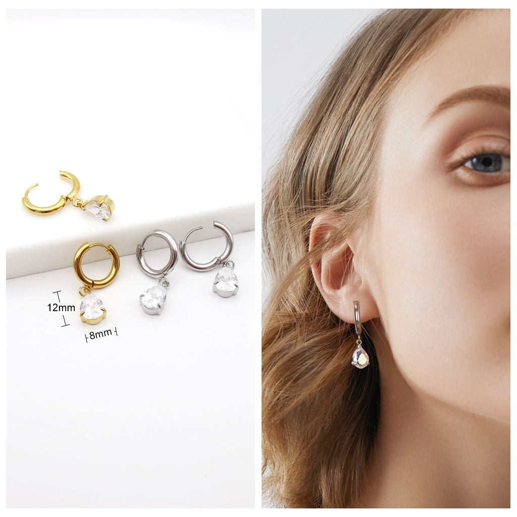 Stainless Steel Pear Cut CZ Dangle Hoop Earrings
