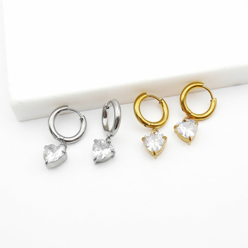 Stainless Steel Heart Cut CZ Dangle Hoop Earrings-Earrings-1-Glitters