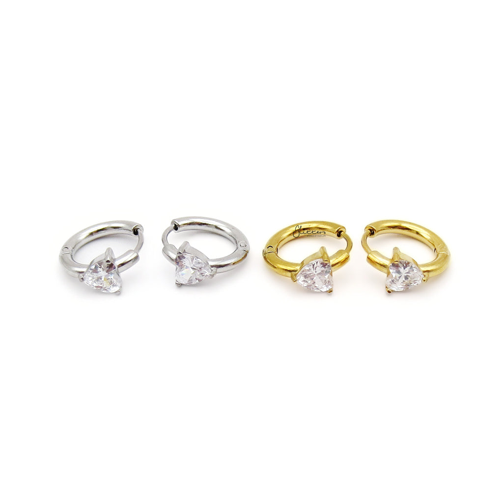 Stainless Steel Heart Cut CZ Huggie Hoop Earrings-Earrings-1-Glitters