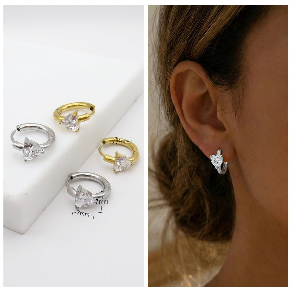 Stainless Steel Heart Cut CZ Huggie Hoop Earrings-Earrings-2-Glitters
