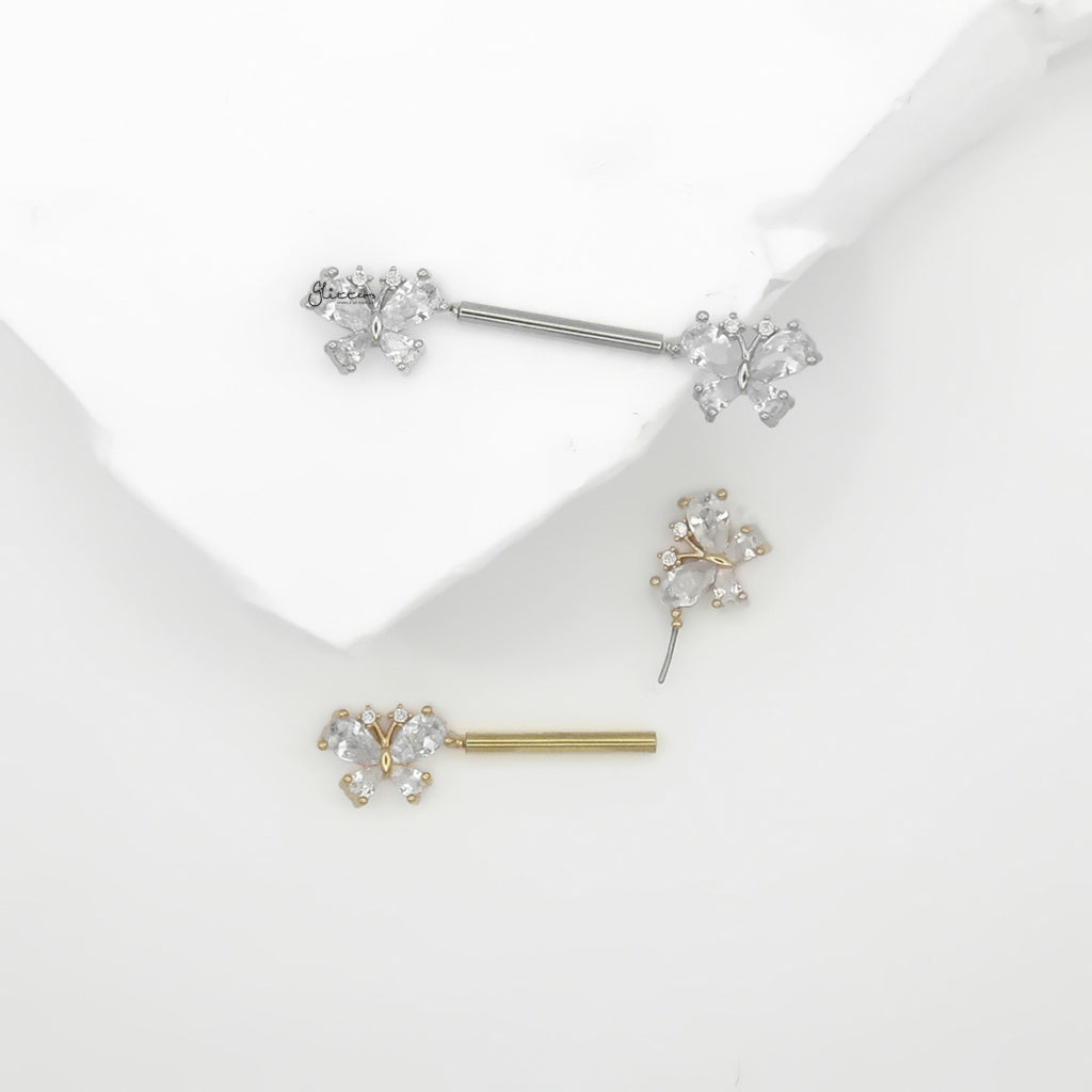 CZ Butterfly Threadless Push In Nipple Barbell - Gold-Nipple Barbells-2-Glitters