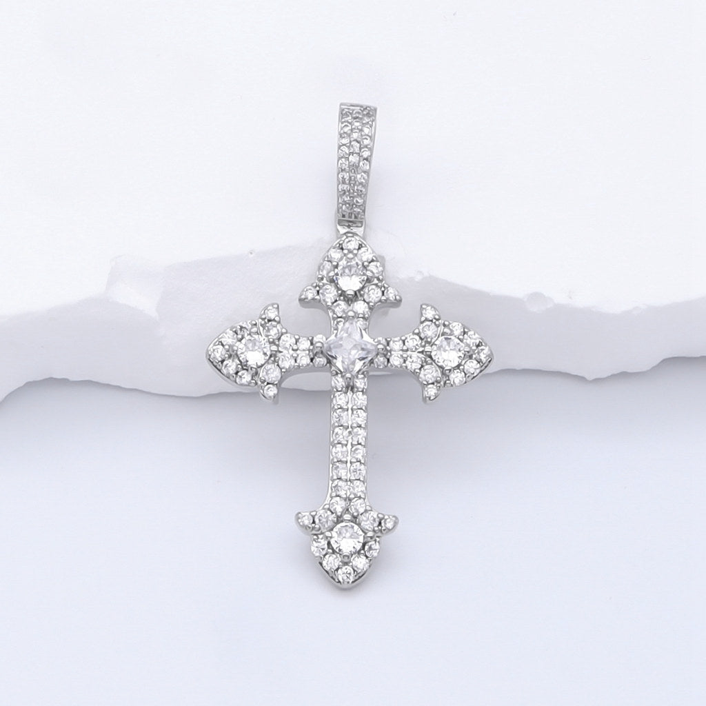 Iced Out Cross Pendant - Silver-Ice Out Pendants-1-Glitters