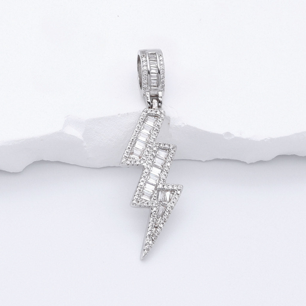 Iced Out Lightning Bolt Pendant - Silver-Ice Out Pendants-1-Glitters