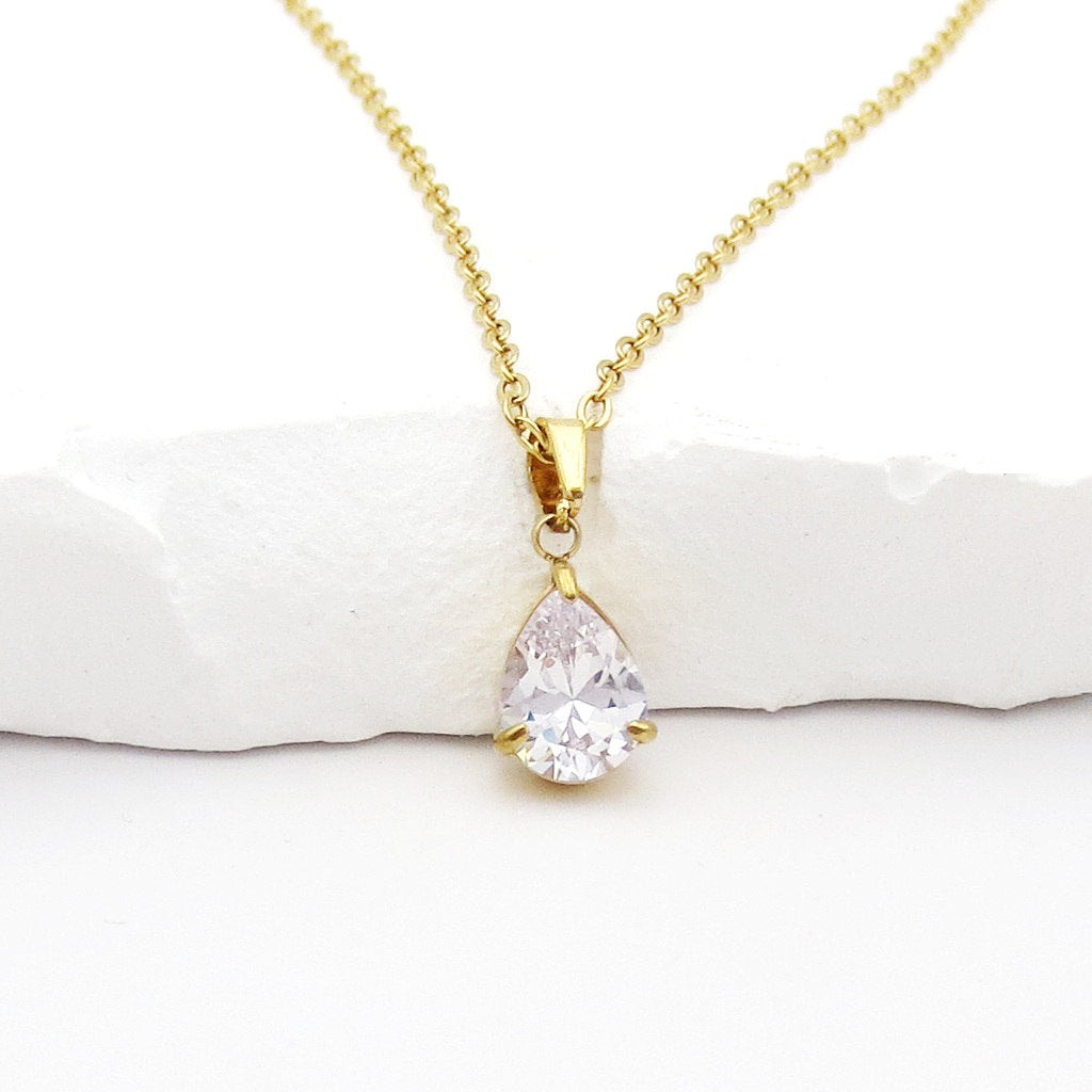 Stainless Steel Pear Cut CZ Teardrop Pendant Necklace - Clear-Necklaces-4-Glitters