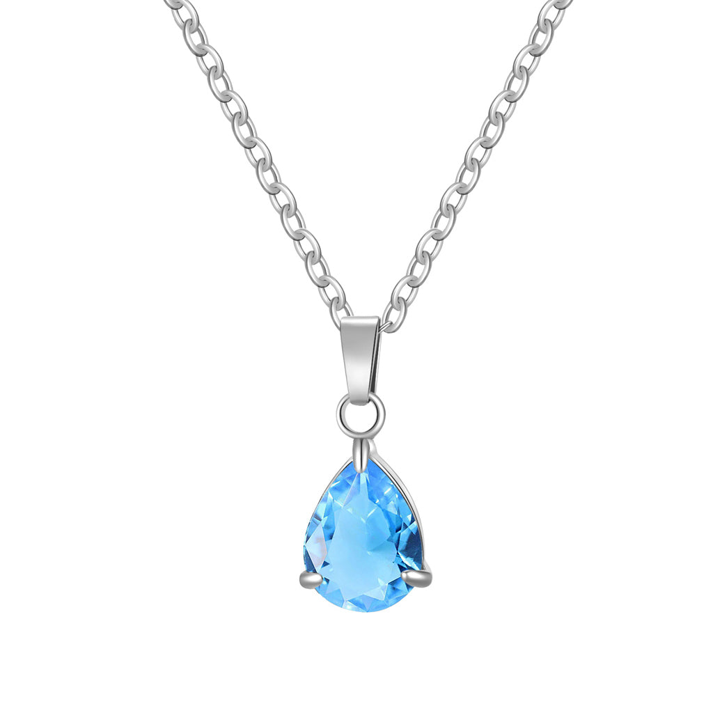 Stainless Steel Pear Cut CZ Teardrop Pendant Necklace - Aqua-Necklaces-1-Glitters