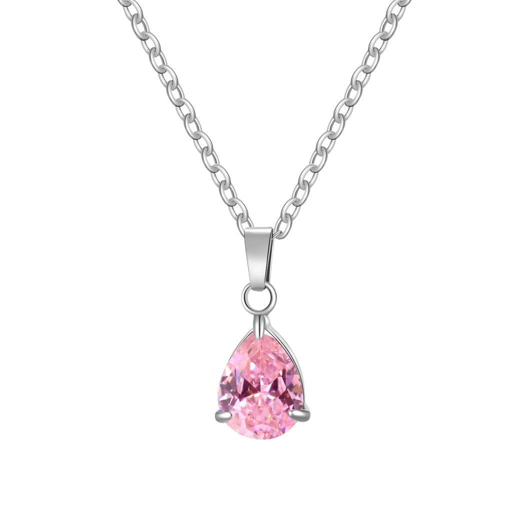 Stainless Steel Pear Cut CZ Teardrop Pendant Necklace - Pink-Necklaces-1-Glitters
