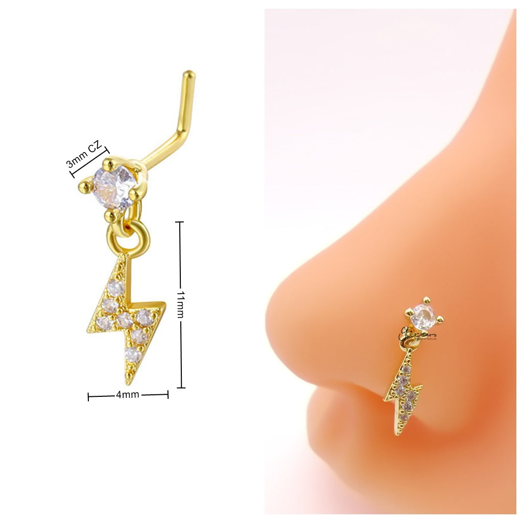 CZ Nose Stud with Dangling CZ Lightning Charm-Nose Studs-3-Glitters