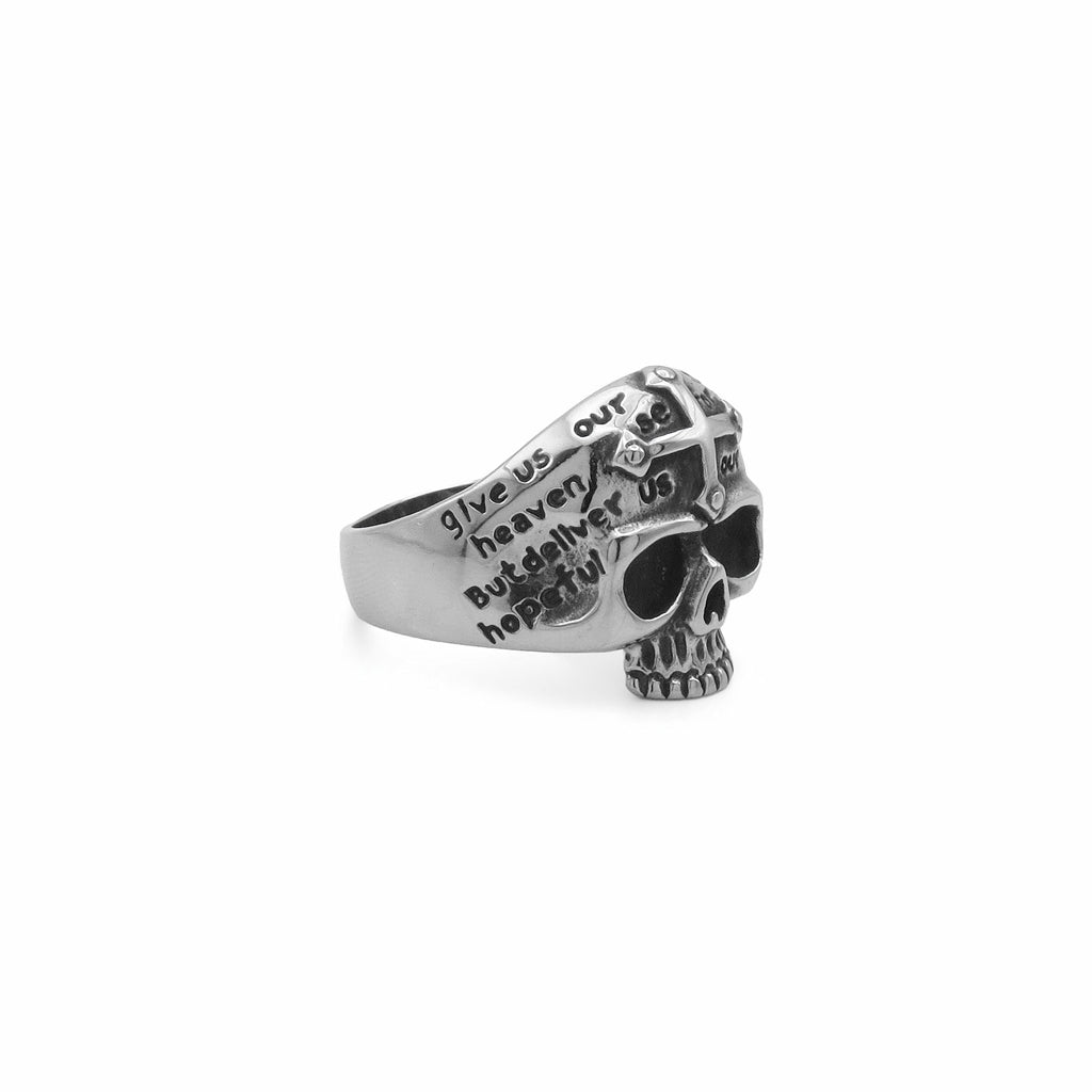 Stainless Steel Skull Ring with Cross and Script Engraving-Stainless Steel Rings-2-Glitters