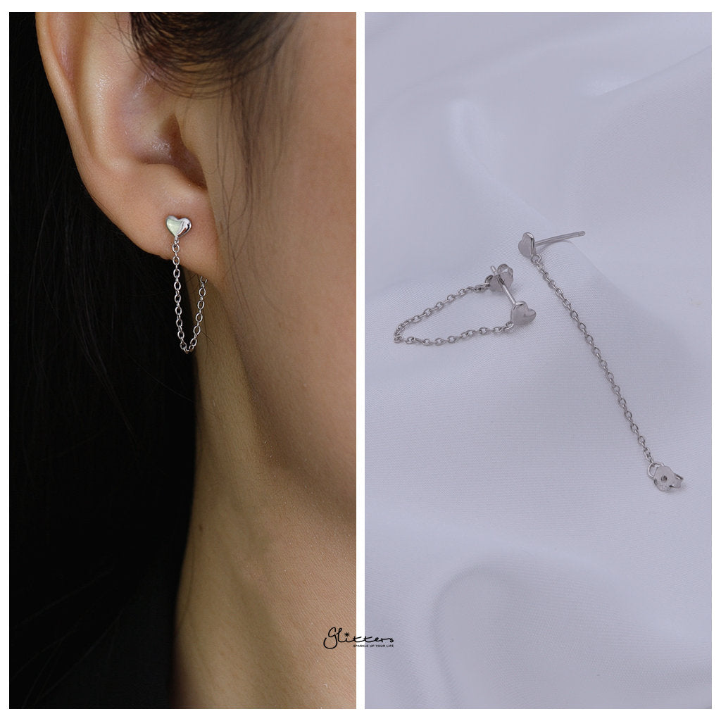 Sterling Silver Heart with Chain Stud Earrings - Silver-Stud Earrings-2-Glitters