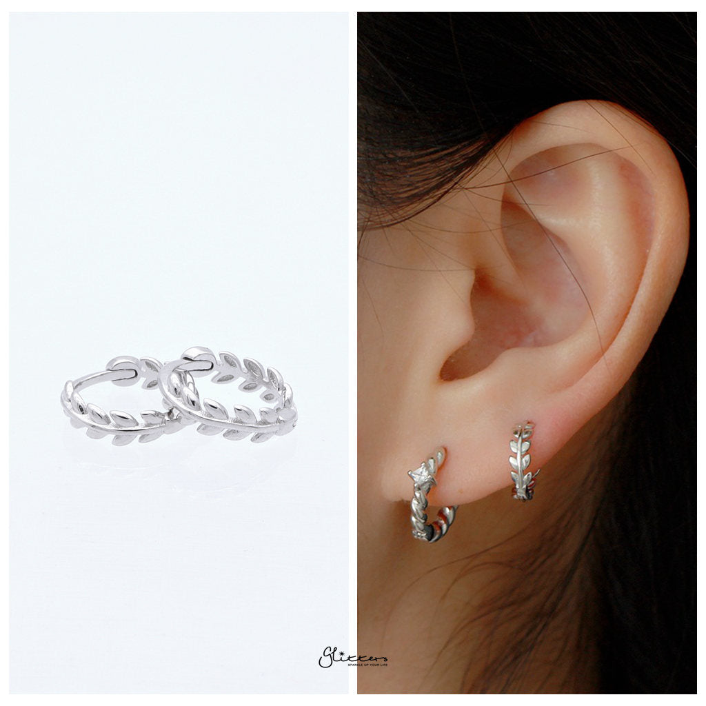 Sterling Silver Leaves Huggie Hoop Earrings - Silver-Stud Earrings-2-Glitters