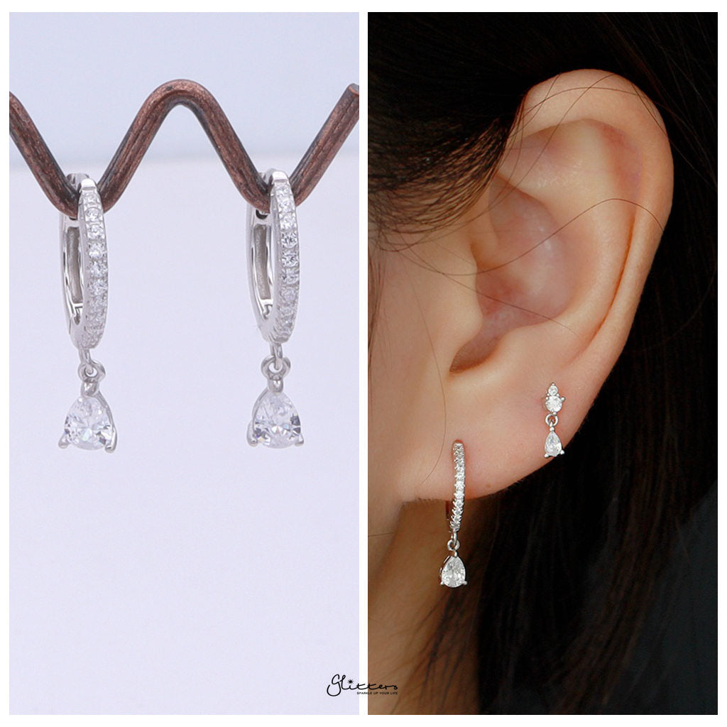 Teardrop CZ Charm Hoop Earrings - Silver-Hoop Earrings-2-Glitters