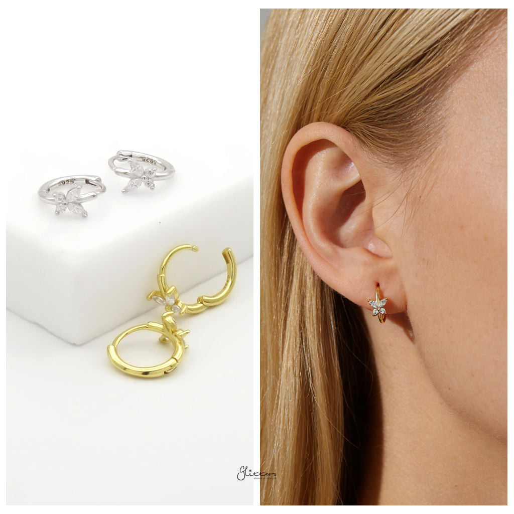 CZ Butterfly Sterling Silver Huggie Hoop Earrings - Gold-Hoop Earrings-3-Glitters