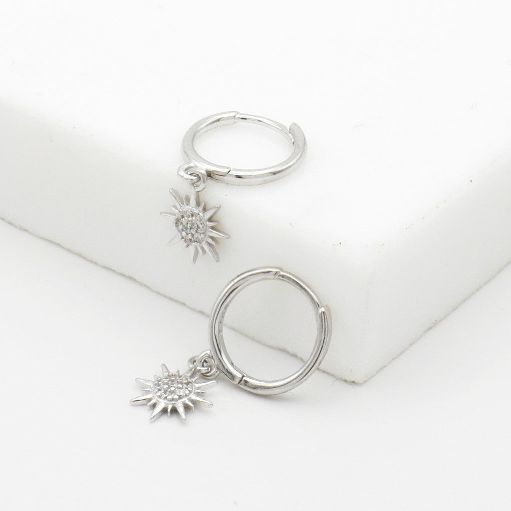 Sterling Silver CZ Sunburst Dangle Hoop Earrings - Silver-Hoop Earrings-3-Glitters