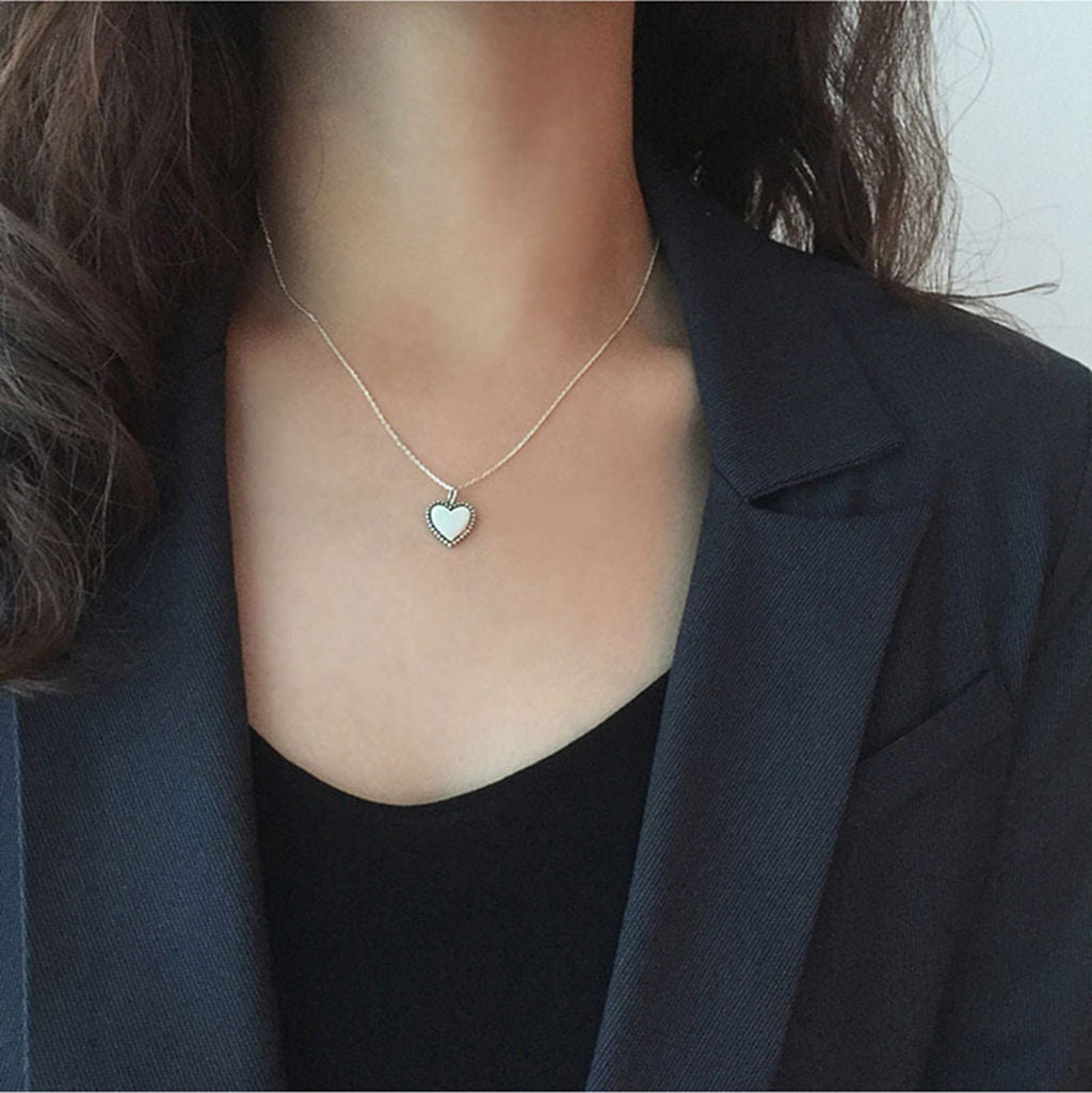 Sterling Silver Beaded Edge Heart Pendant Necklace-Sterling Silver Necklaces-3-Glitters