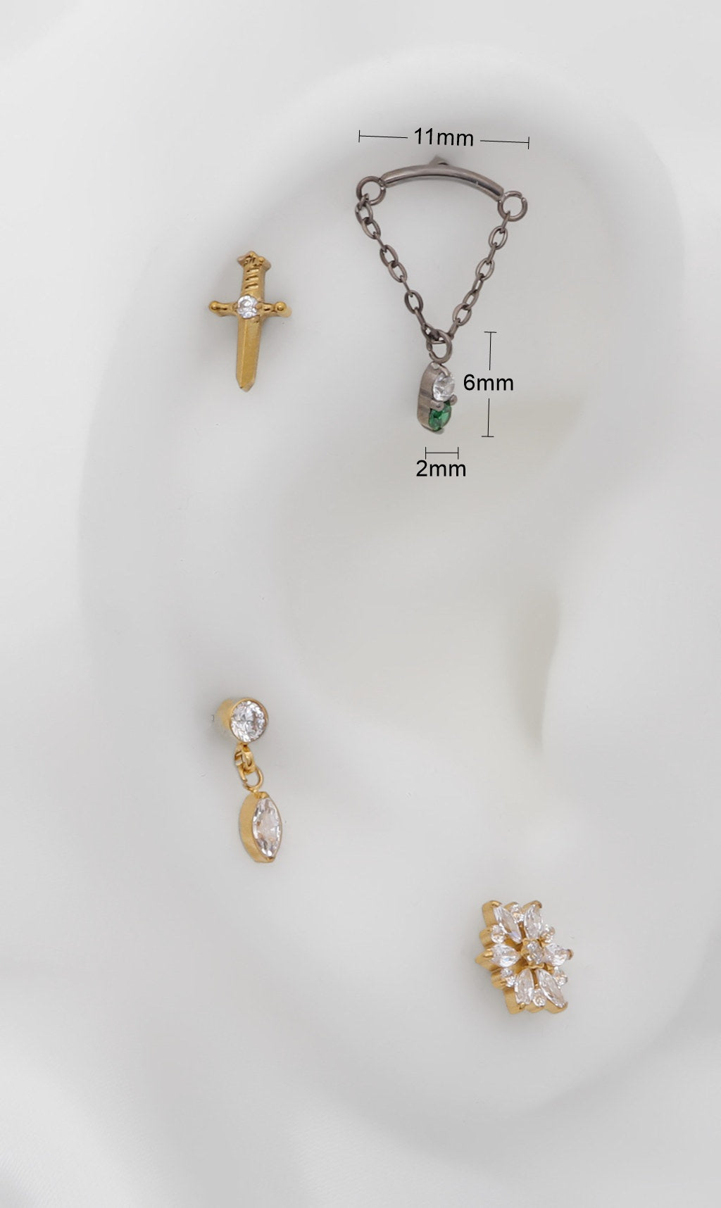 Double CZ with Chain Dangle Titanium Flat Back Stud Earrings