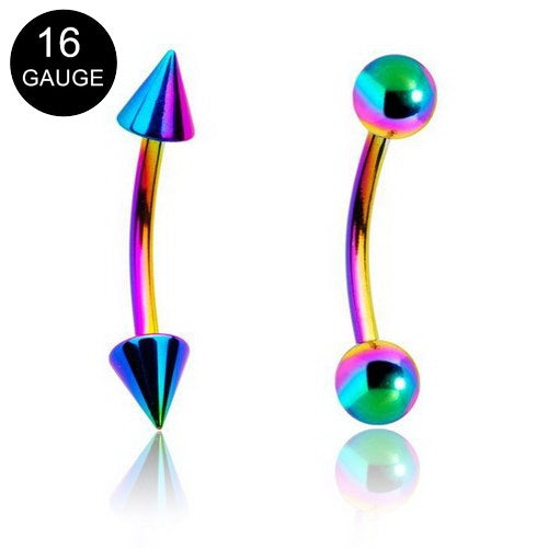 16GA Rainbow Titanium Ion Plated Over 316L Surgical Steel Curved Eyebrow-Body Piercing Jewellery, Eyebrow-181-Glitters