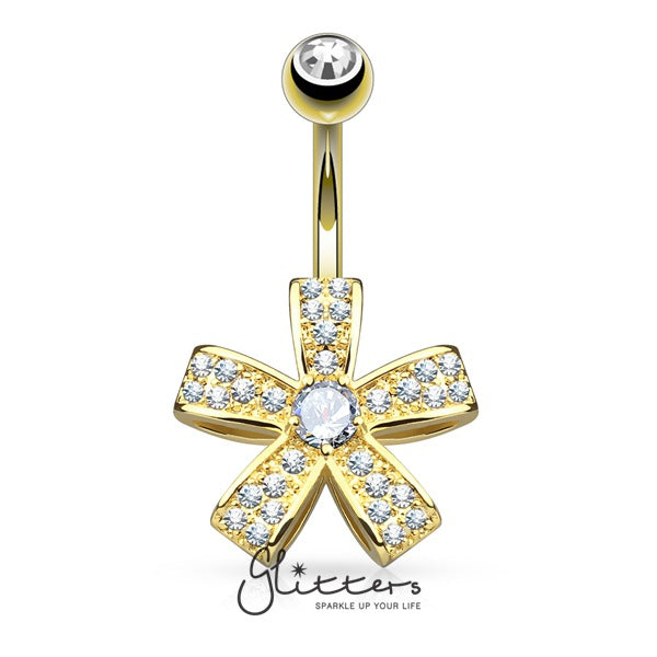 C.Z Petal Flower Surgical Steel Belly Button Navel Ring-Gold-Belly Ring, Body Piercing Jewellery, Cubic Zirconia-BJ02771-Glitters