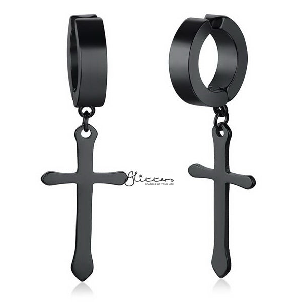 Non-Pierced Stainless Steel Clip On Cross Dangle Hoop Earrings - Black-earrings, Fake Earrings, Hinged Earrings, Hoop Earrings, Jewellery, Men's Earrings, Men's Jewellery, Non-Pierced, Stainless Steel, Women's Earrings, Women's Jewellery-EC0064_k01-Glitters