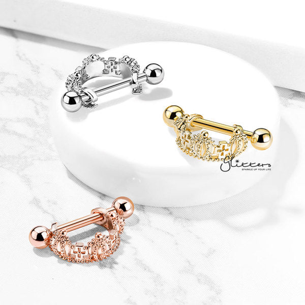 316L Surgical Steel Barbell with Triple Crown Helix Cuff-Body Piercing Jewellery, Ear Cuffs, earrings, Helix Earrings, Jewellery, Tragus, Women's Earrings, Women's Jewellery-EC0071-01-Glitters