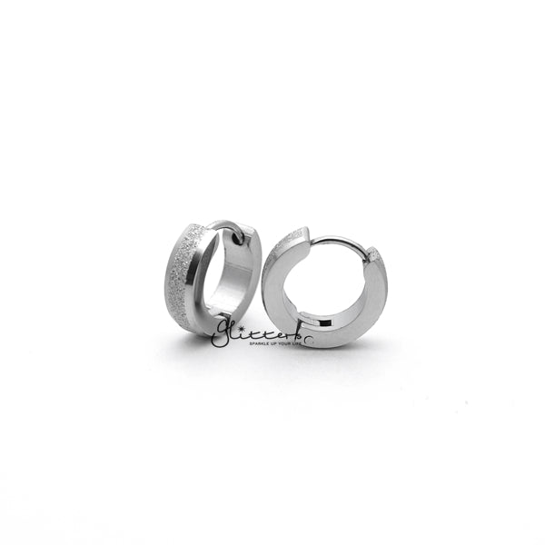 Stainless Steel Sand Sparkle Center Hinged Earrings with Beveled Edges (4x9) - Silver-earrings, Hoop Earrings, Huggie Earrings, Jewellery, Men's Earrings, Men's Jewellery, Stainless Steel, Women's Earrings, Women's Jewellery-ER0121_SSC_02-Glitters