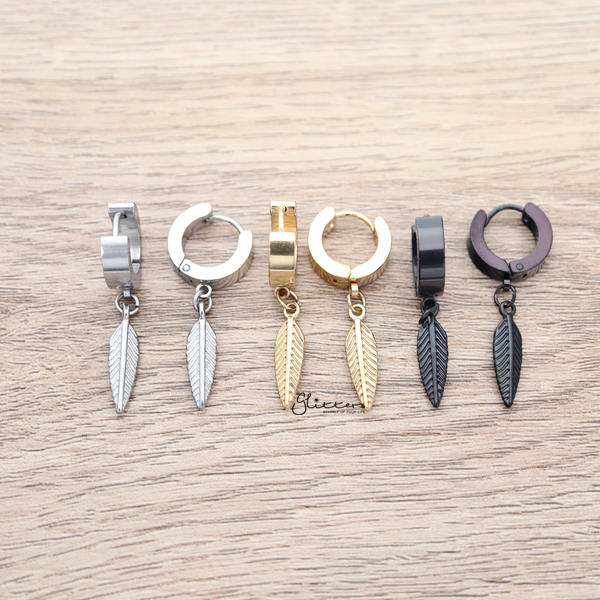 Stainless Steel Feather Drop Huggie Hoop Earrings-earrings, Hoop Earrings, Huggie Earrings, Jewellery, Men's Earrings, Men's Jewellery, Stainless Steel, Women's Earrings-ER1465-ALL-Glitters