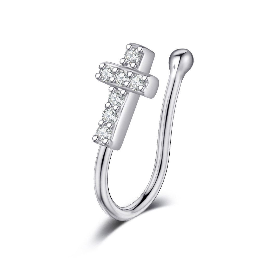 Cross Non Piercing Fake Nose Ring-Body Piercing Jewellery, Cubic Zirconia, Non-Pierced, Nose Piercing Jewellery, Nose Ring, Nose Studs-FNS09-S-Glitters