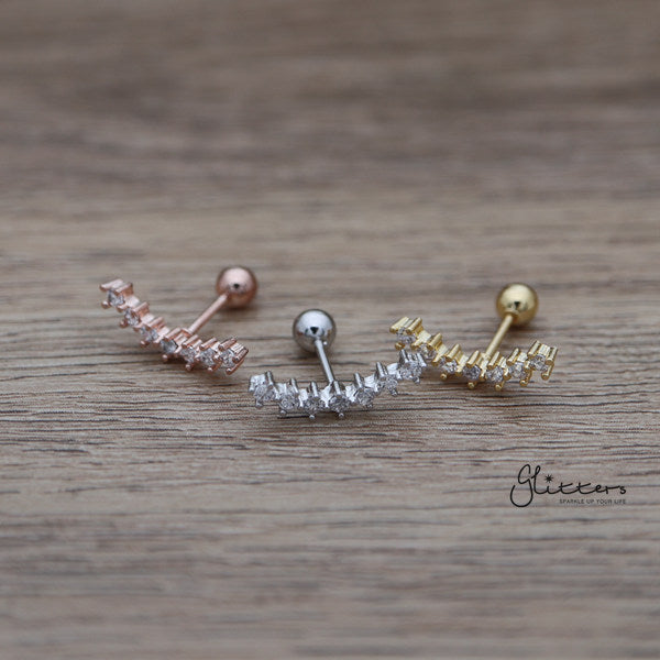 7 Cubic Gems Curved Screw Back Barbell for Tragus, Cartilage, Conch, Helix Piercing and More-Body Piercing Jewellery, Cartilage, Conch Earrings, Cubic Zirconia, earrings, Fake Plug, Helix Earrings, Jewellery, Lobe piercing, Tragus, Women's Earrings, Women's Jewellery-FP0020-7CZ-1-Glitters